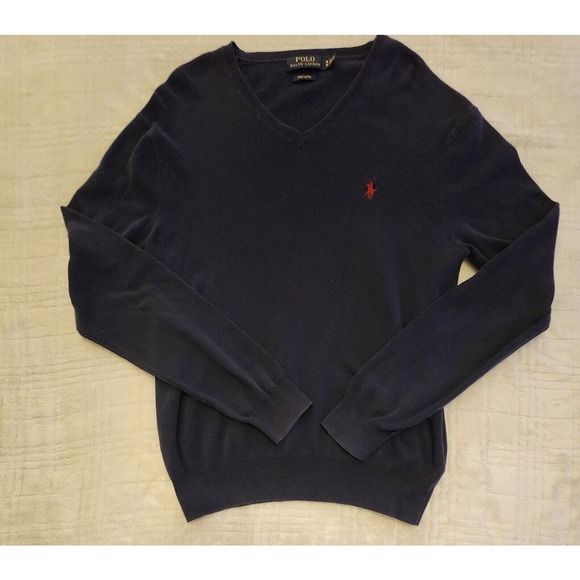 Polo Ralph Lauren Navy Men's Medium V-neck 100% Pima Cotton Sweater - Picture 2 of 7